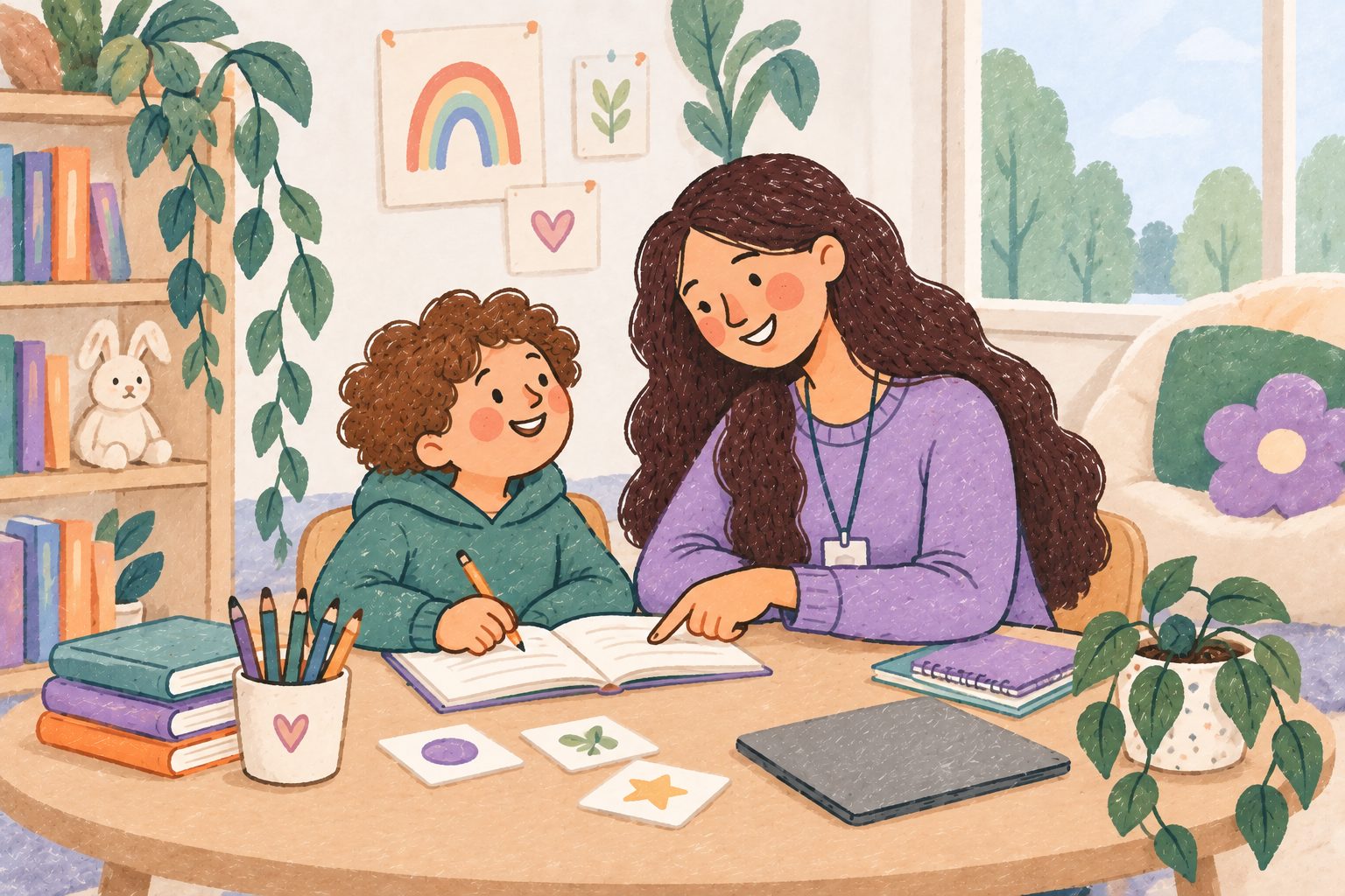 Illustration of a child receiving individualized one-on-one learning support from an educator.